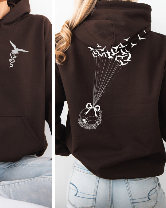 Birds Flying with Egg Basket Embroidered Front Pocket Womens Hoodie