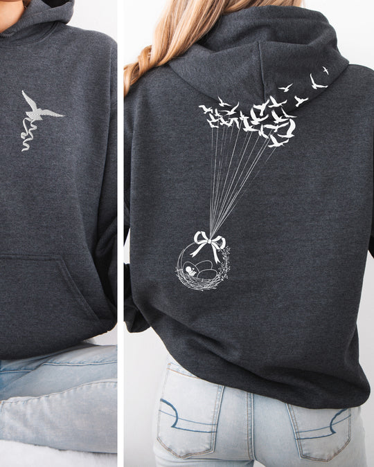 Birds Flying with Egg Basket Embroidered Front Pocket Womens Hoodie