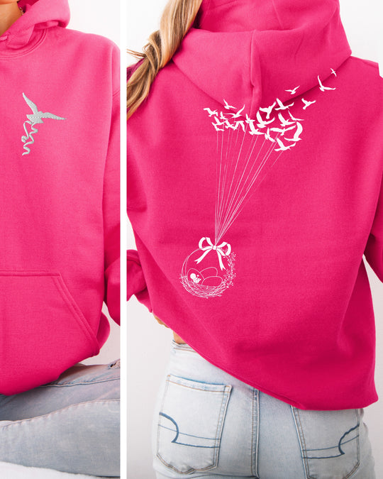 Birds Flying with Egg Basket Embroidered Front Pocket Womens Hoodie