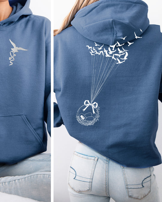 Birds Flying with Egg Basket Embroidered Front Pocket Womens Hoodie