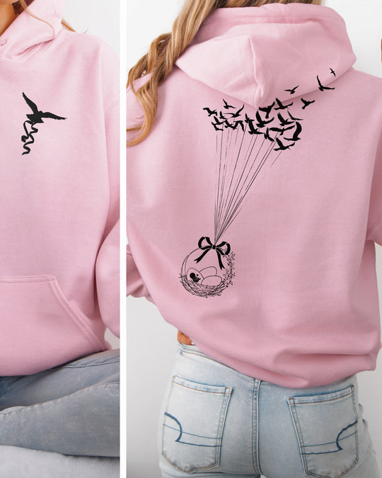 Birds Flying with Egg Basket Embroidered Front Pocket Womens Hoodie