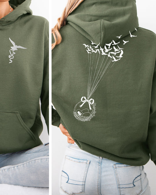Birds Flying with Egg Basket Embroidered Front Pocket Womens Hoodie