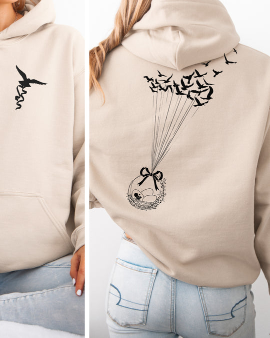Birds Flying with Egg Basket Embroidered Front Pocket Womens Hoodie