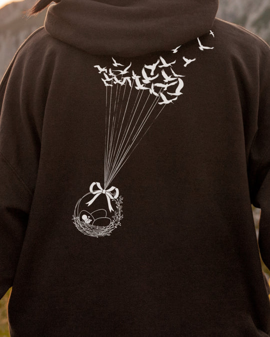 Birds Flying with Egg Basket Embroidered Front Pocket Womens Hoodie