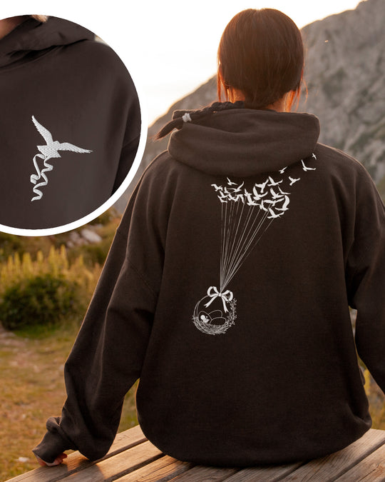 Birds Flying with Egg Basket Embroidered Front Pocket Womens Hoodie